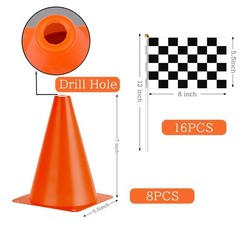 Traffic Cones with Racing Checkered Flags-8 Traffic Cones With Hole on Top, 1…