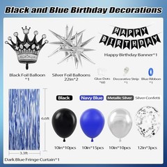 Birthday Decorations for Men with Black Metallic Silver Navy Blue Balloons Banne