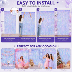 Iridescent Party Decorations Backdrop 2 Pack, Holographic Foil Fringe Curtain, S