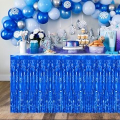 2 Packs Table Skirts Metallic Foil Fringe Tinsel Table 2 PCS-29.5×108 Inch Blue