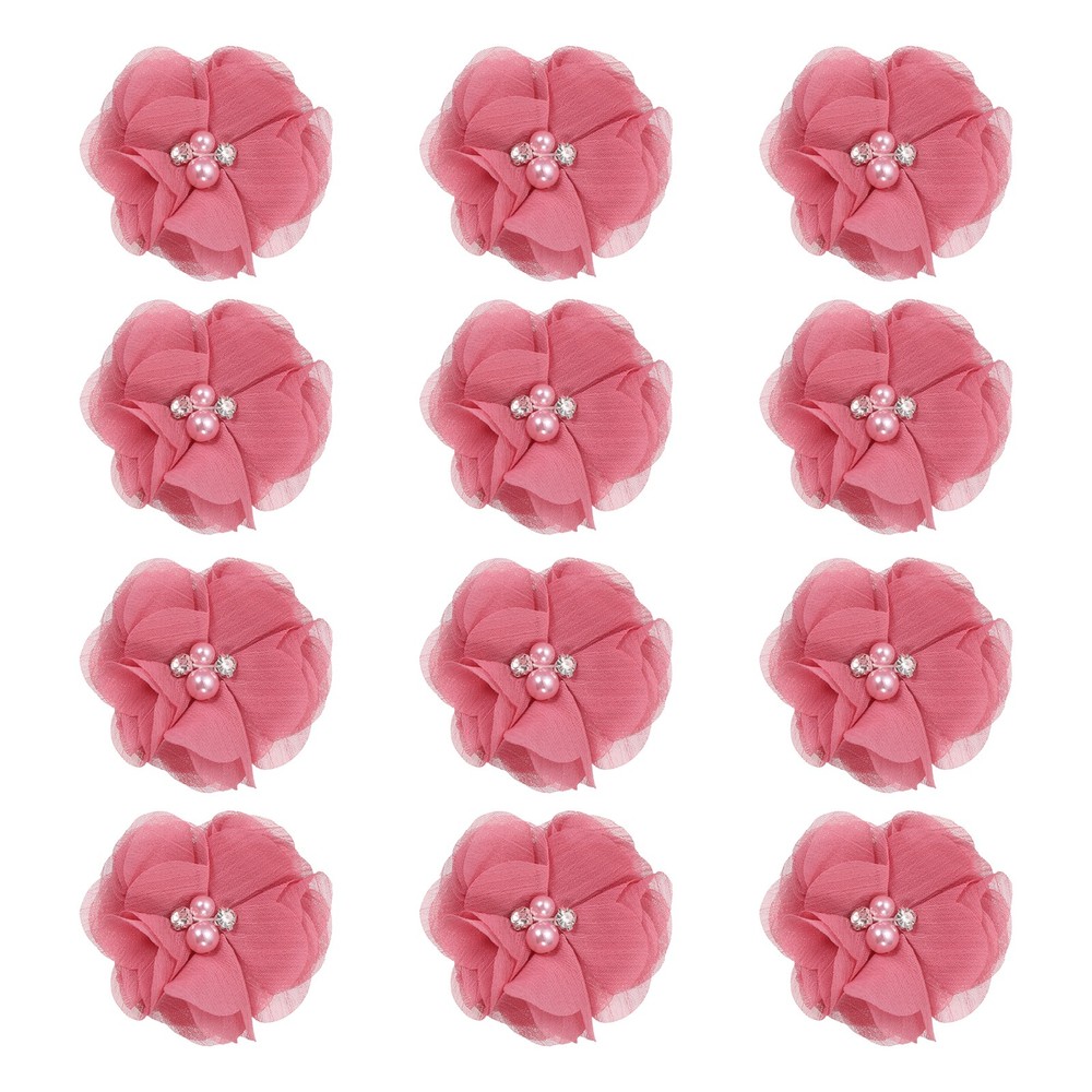 12Pcs 2″ Chiffon Flowers with Rhinestone Pearl Sewing Fabric Flowers, Dark Pink