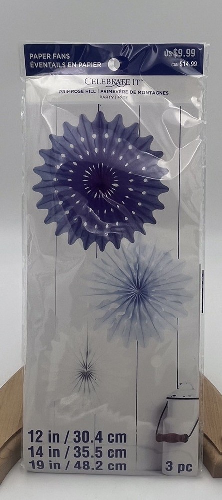 Set 3 Celebrate It Round Paper Fans Primrose Hill Blue White 19” 14” 12” NIP