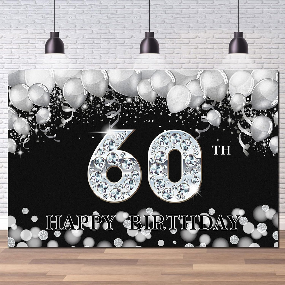 Happy 60Th Birthday Backdrop, Sixty Years Old Birthday Decoration Banner, Black