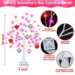 2 PCS Timer Valentines Decorations 24 Inch Tree 65 Lights 18 Hearts Battery