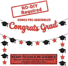 Graduation Decorations 2026 | Glitter Congrats Grad Banner Red and Black – 10 Fe