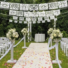 White Papel Picado Banner, 33ft Plastic Mexican Flag with 5 Designs, Fiesta D…