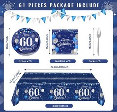 60Th Birthday Decorations for Men,61Pcs Blue Silver 60Th Birthday Decorations Ta