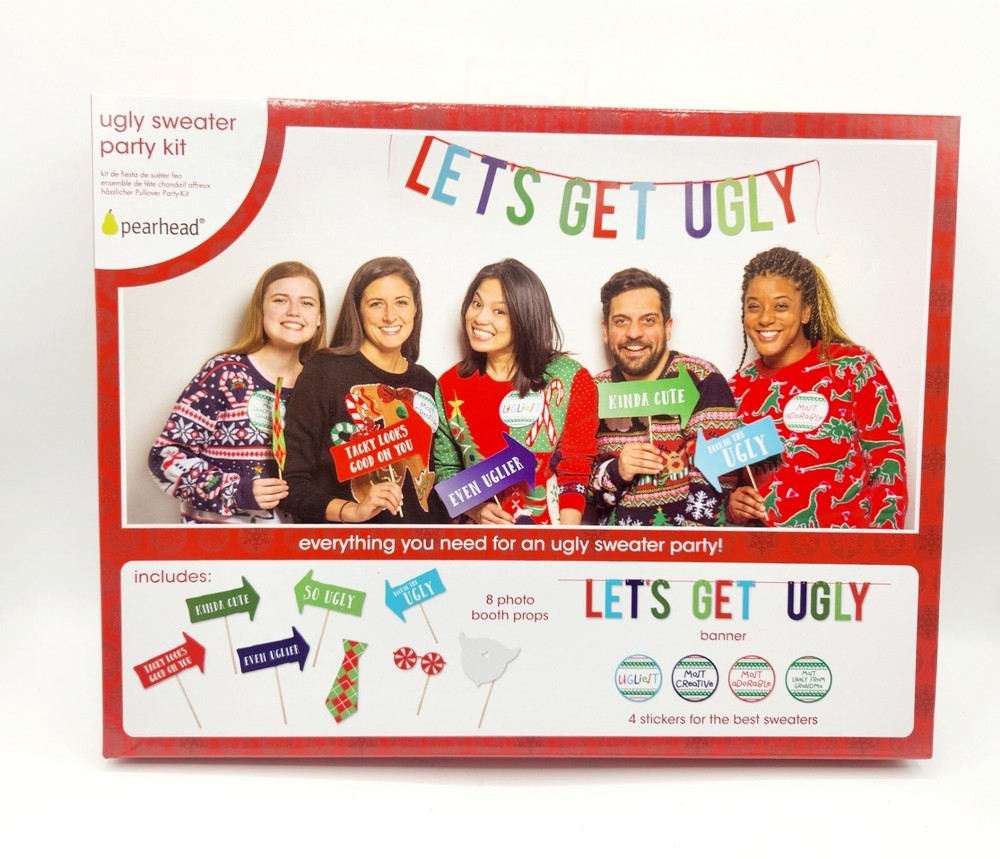 UGLY SWEATER PARTY KIT Christmas Photo Booth Props, Stickers, Banner BRAND NEW