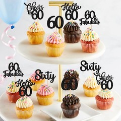 60th Birthday Cupcake Toppers Black Glitter Style 60 Party Decorations