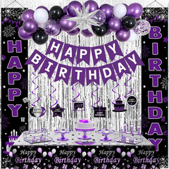 Black and Purple Birthday Decorations for Women Girls, Happy Birthday Decoration