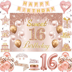 Sweet 16 Party Decorations, Sweet 16Th Birthday Crown and Sash Pink Rose Gold Si