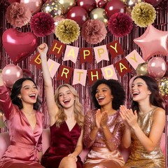 Burgundy Birthday Decorations Set – 1 Fringe Curtain, 1 Banner, 2 Heart