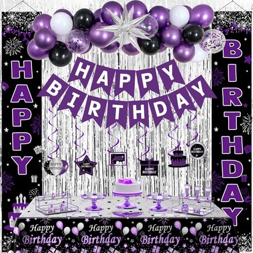 Black and Purple Birthday Decorations for Women Girls, Happy Birthday