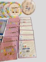 31Pc Pastel Birthday Party Supplies Bundle Plates Napkins Decor Curtains Set