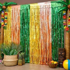 Foil Fringe Curtains: 2 Sparkling Tropical Luau Hawaiian Photo Booth Decorations