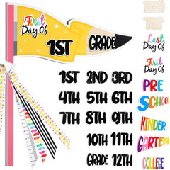 23 Pcs Pencil Style First & Last Day of School Wood Flag Kit with Ribbons and Re
