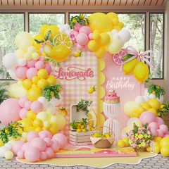 160Pcs Lemonade Birthday Decorations for Girls, Pink Yellow Balloon Arch