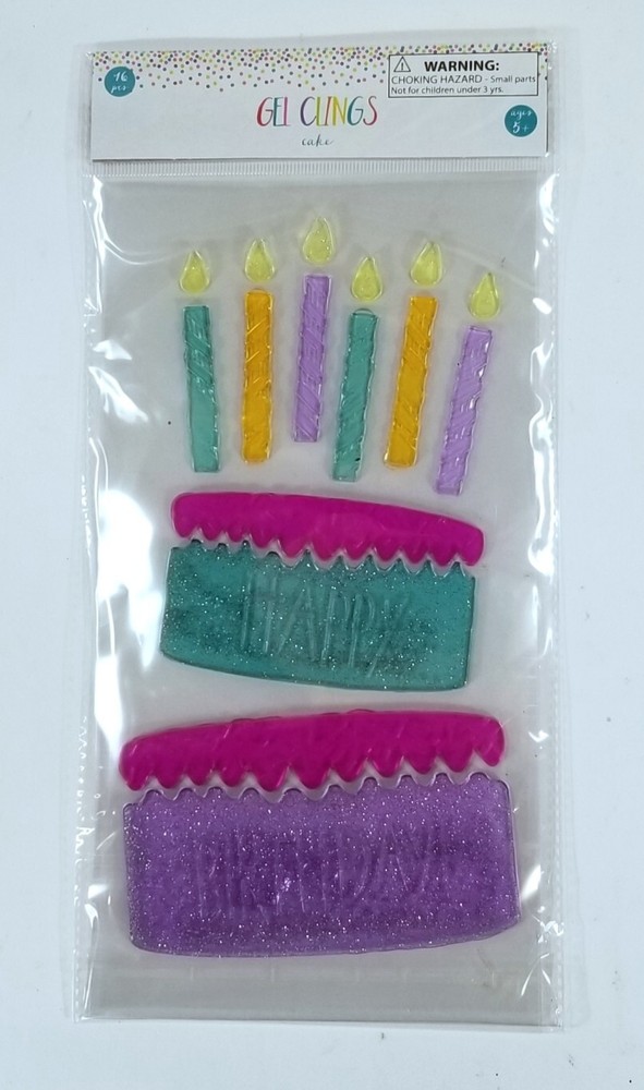 1 Pack of 16 Count Each – Gel Clings for Windows, Refrigerator – Birthday Cake