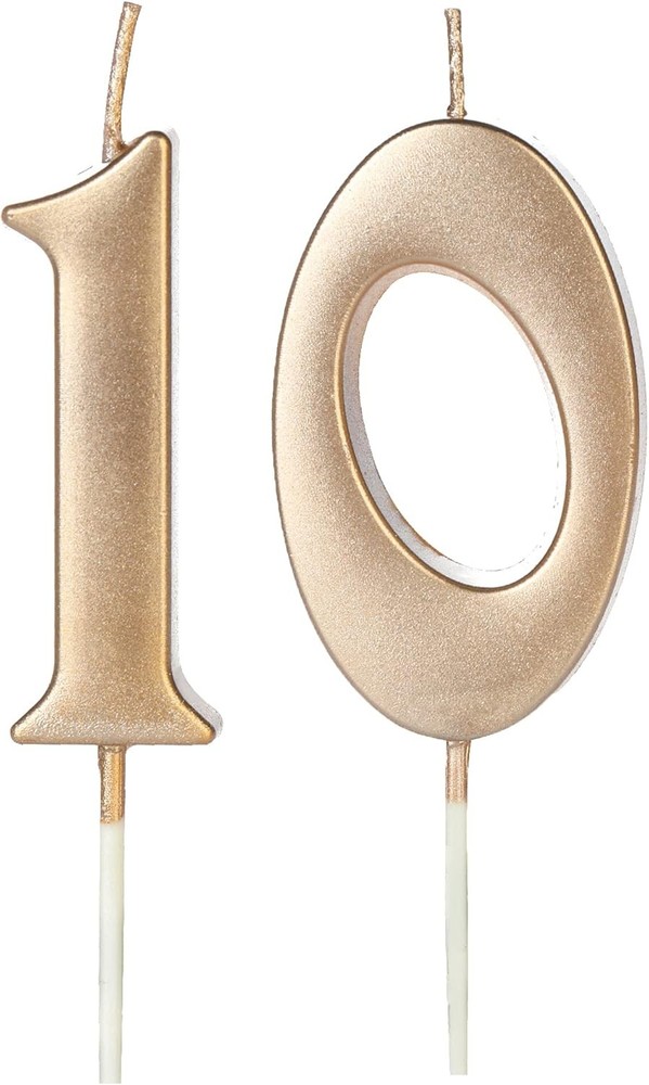 Champagne Gold 10th Birthday Candles for Cake, Number 10 1 10, gold
