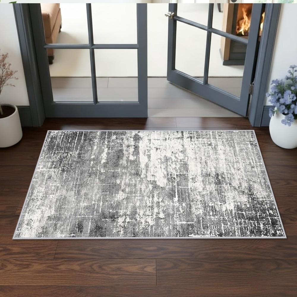 Abstract 2×4 Entryway Area Rugs: Washable Water Resistant 2×4, Black/Grey