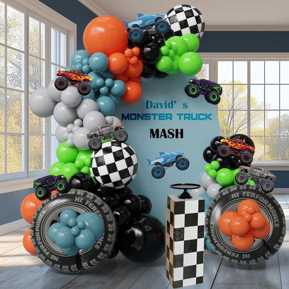 132PCS Monster Truck Birthday Decorations for Boys – Blue Gray Orange Green B…