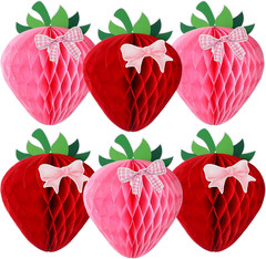 6 Sets 12 Inch Large Strawberry Party Decorations Strawberry Bow Honeycomb Ball