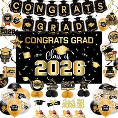 Graduation Decorations 2026 Black Gold Party Decor Set Grad Banner Class of 2…