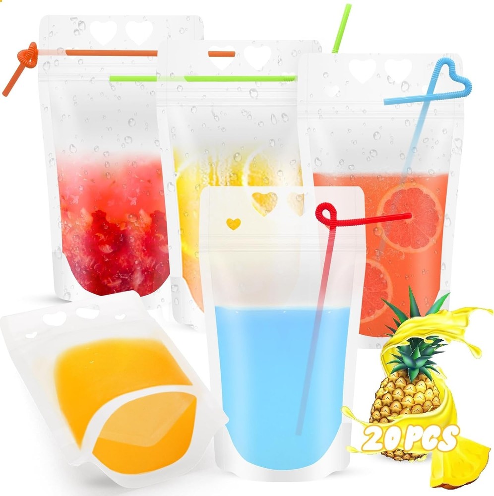 Reusable Clear Drink Pouches Plastic Pouch Straw Bag Juice Party Festival Picnic