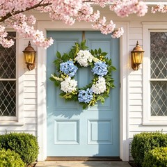 Beautiful White And Blue Hydrangea Wreath For Home Decoration Indoor Outdoor