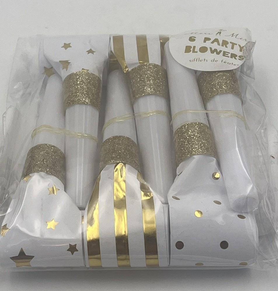 Meri Meri Package 8 Party Blowers Gold White Stars Stripes NIP