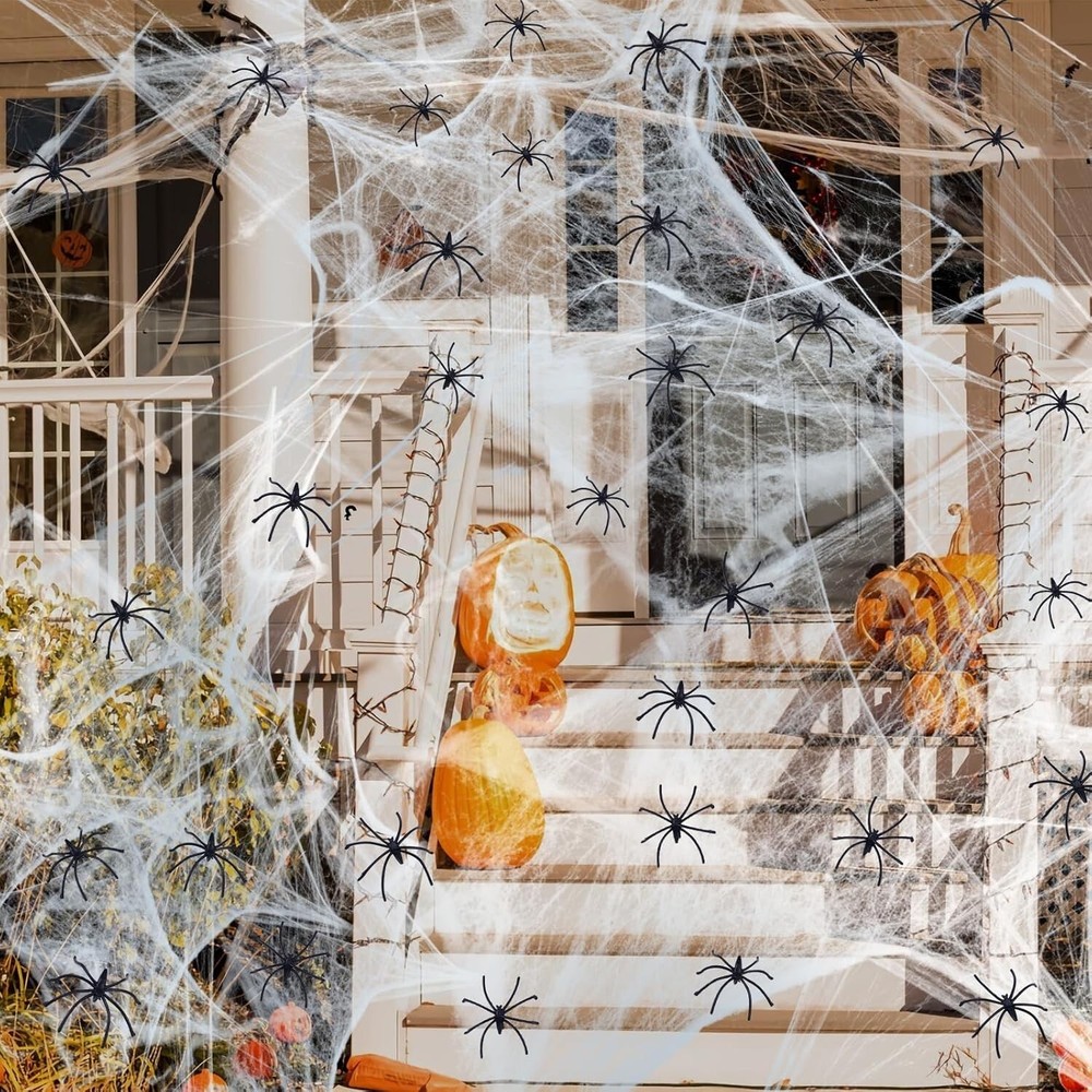 290G Halloween Decorations Spider Web Cobweb, 80pcs Plastic Spider Haunted House