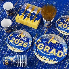 123 Pcs Blue Gold Graduation Decorations 2026 Set – Tablecloth, Plates, Cups, Ba
