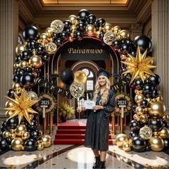 141Pcs Black and Gold Balloon Arch Kit with Happy Birthday Banner for Black a
