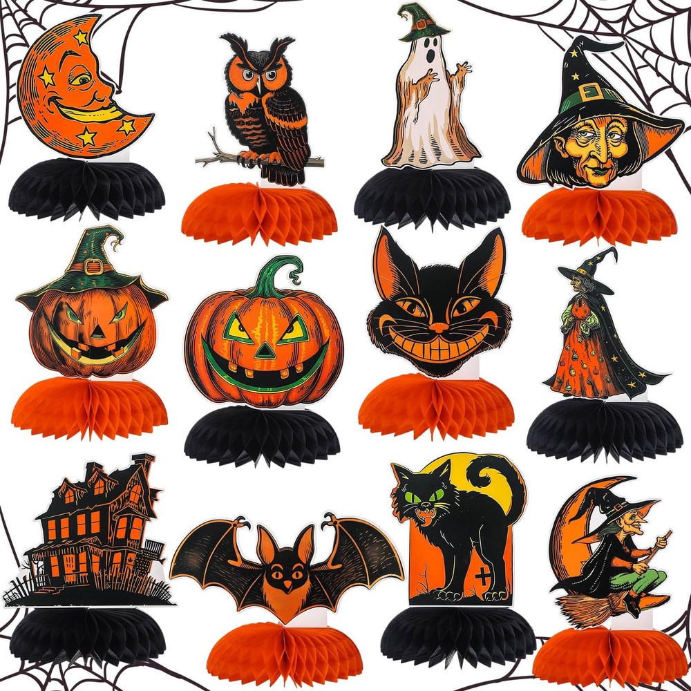 12 Pcs Vintage Halloween Honeycomb Orange, Black, Yellow, Green, White