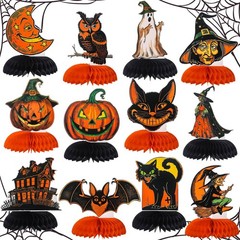 12 Pcs Vintage Halloween Honeycomb Orange, Black, Yellow, Green, White
