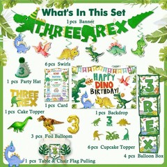 147pcs Three Rex Birthday Decorations,Dinosaur Party Decorations for 3 Years Old