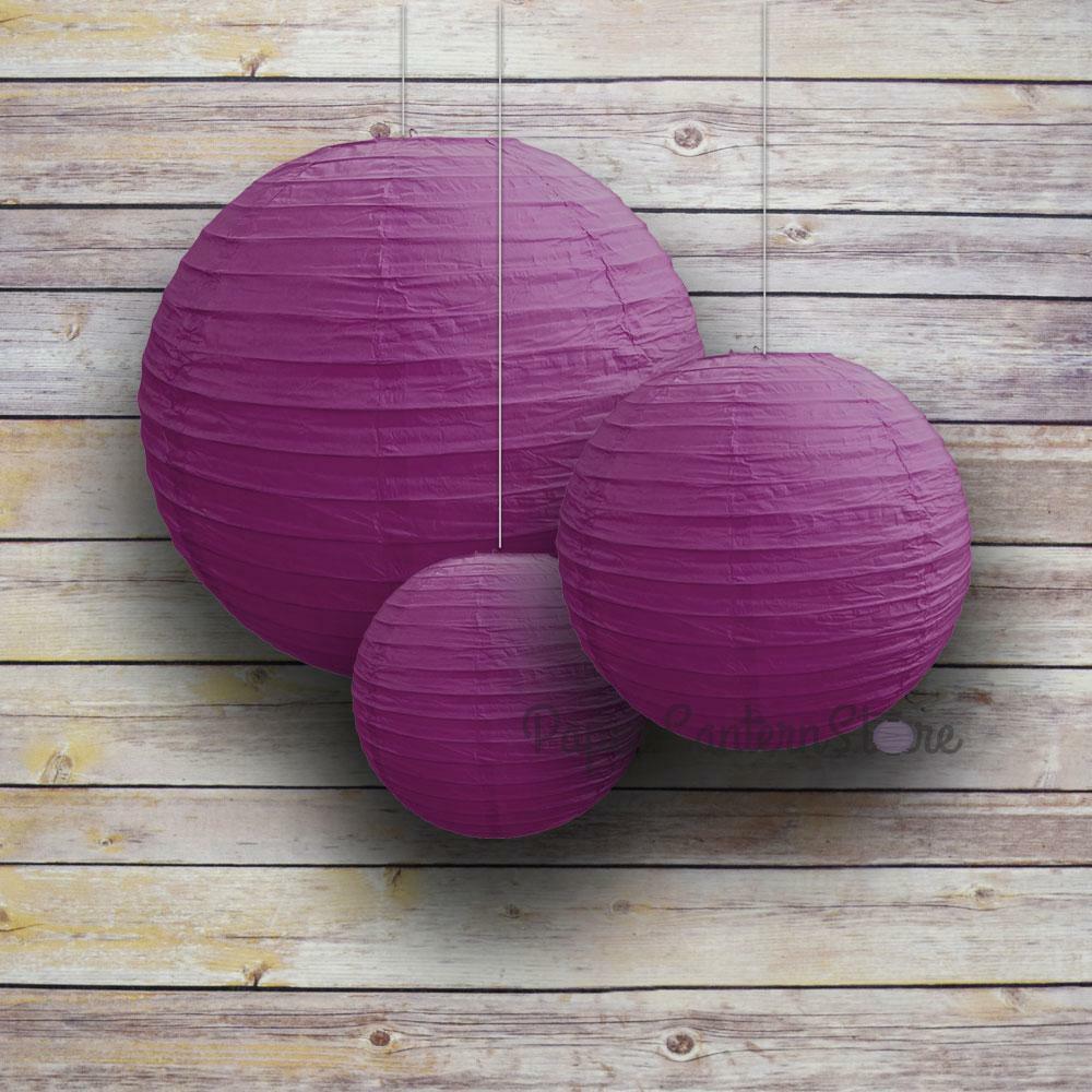 8/12/16″ Purple Round Paper Lanterns, Even Ribbing (3-Pack Cluster)