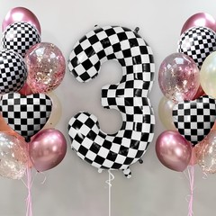 Checkered Number 3 Balloon 40 Inch, Large Foil Black and White Number Balloon…
