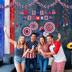 30pc Patriotic Party Decoration Set, Red White & Blue Paper Fans & Banners
