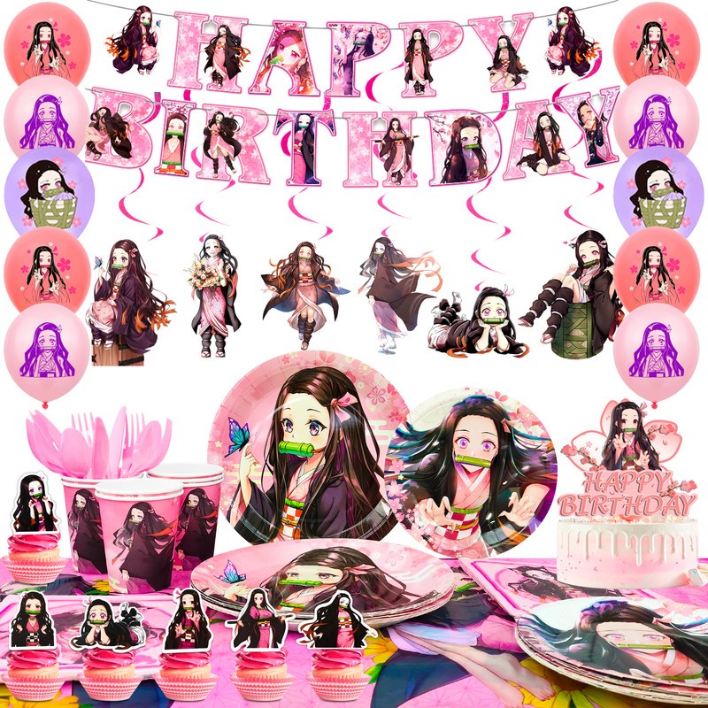 117 Pcs Nezuko Party Decorations Set Tablecloth Plate Balloon Hanging Swirls Cup