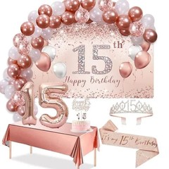 15th Birthday Decorations – Rose Gold Arch, Banner, Tablecloth, rose gold 15th