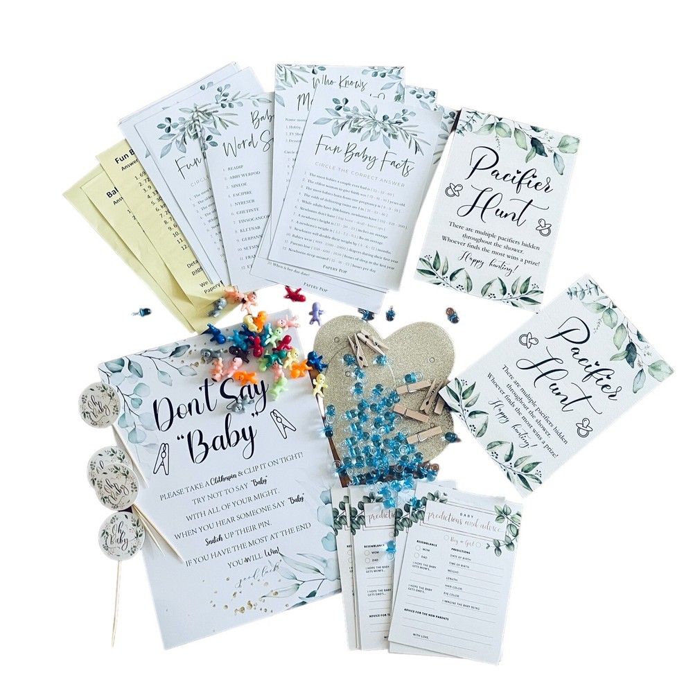 Sage Green Baby Shower Games Pacifier Hunt Fun Hostess Don’t Say Baby Favors