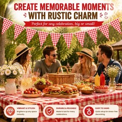 2 Pieces Red and White Checkered Banner, Double Sided Red Gingham Pennant Ban…