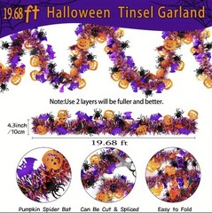 3pcs Halloween Garland Orange Pumpkins, Black Spiders & Purple Bats Tinsel 2M