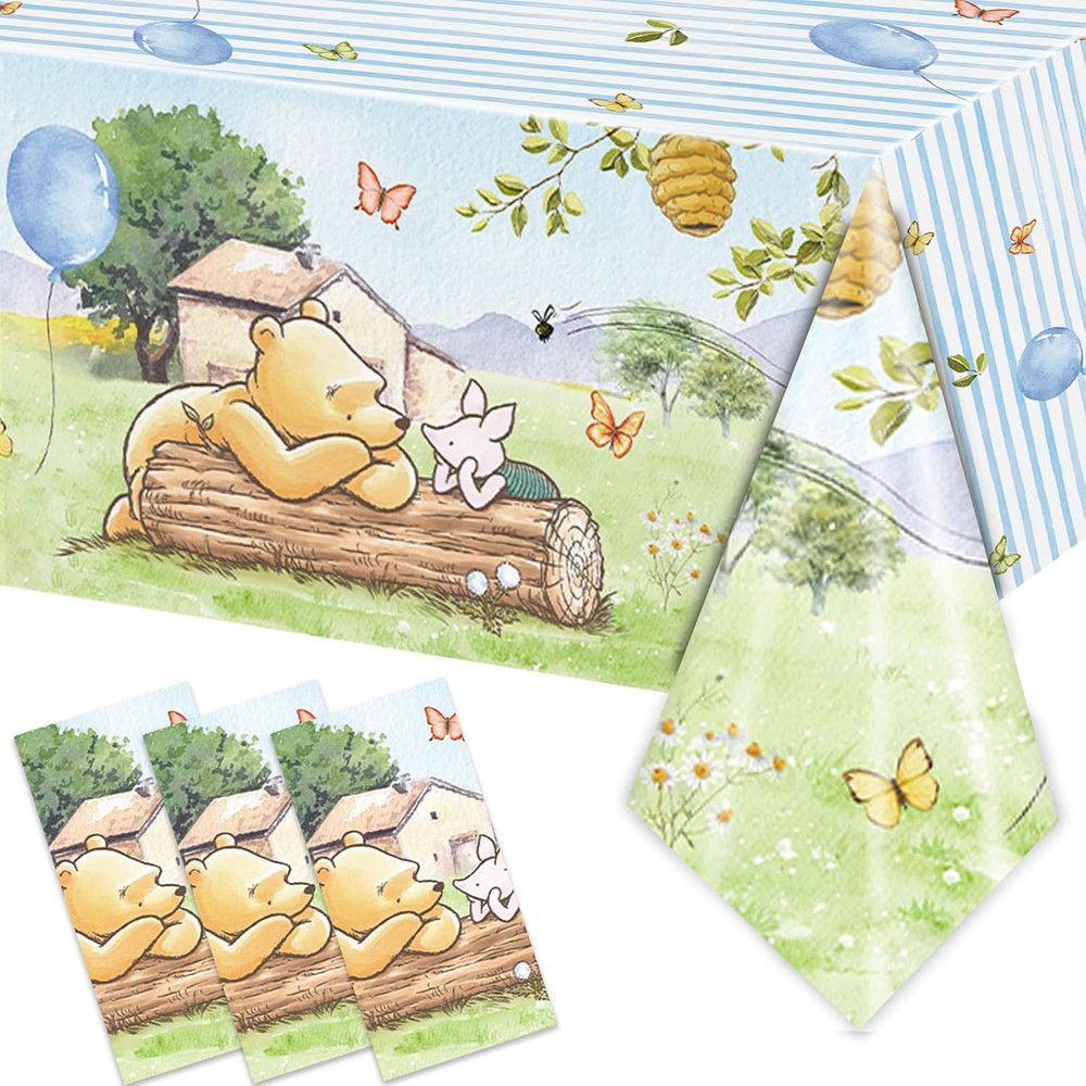 3PCS Blue Winnie Bear Baby Shower Tablecloths, Bear Baby Shower Winnie Bear Tabl