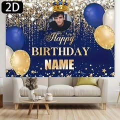 1pc 2D Blue Golden Crown Personalized Birthday Custom Poster Tapestry Banner ❀