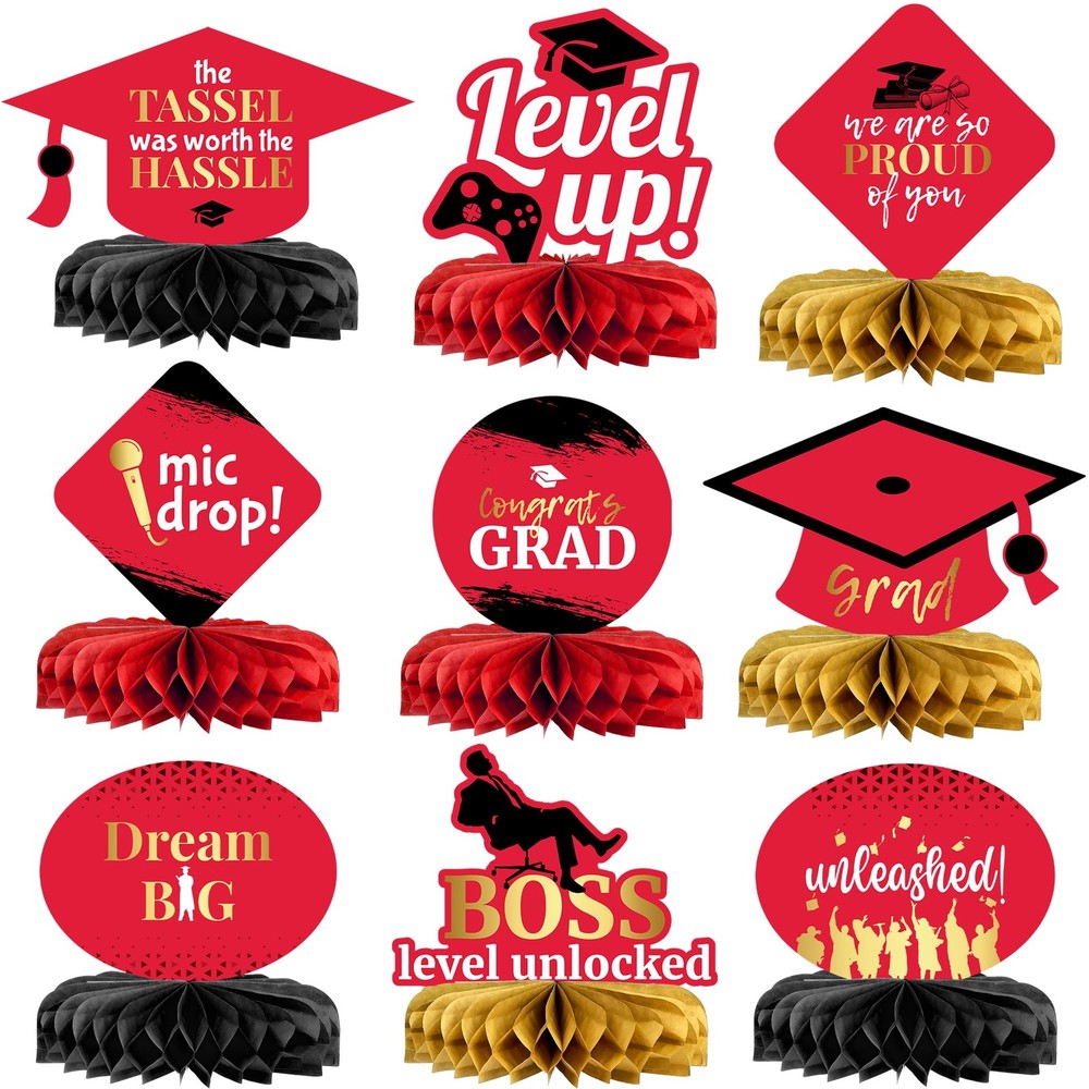 Red and Gold Graduation Centerpieces 2026 – Pack of 9, Graduation Honeycomb Cent