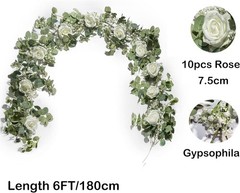 6FT Artificial Eucalyptus Garland with Flowers, 10 White Roses Baby Breath