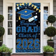 73 x 36 Inch Congrats Grad Class of 2026 Sign Banner Door Cover, Blue