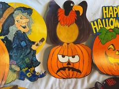 Vintage 10 Halloween Cardboard Diecut Decorations Witch Pumpkin Raccoon Skull ++